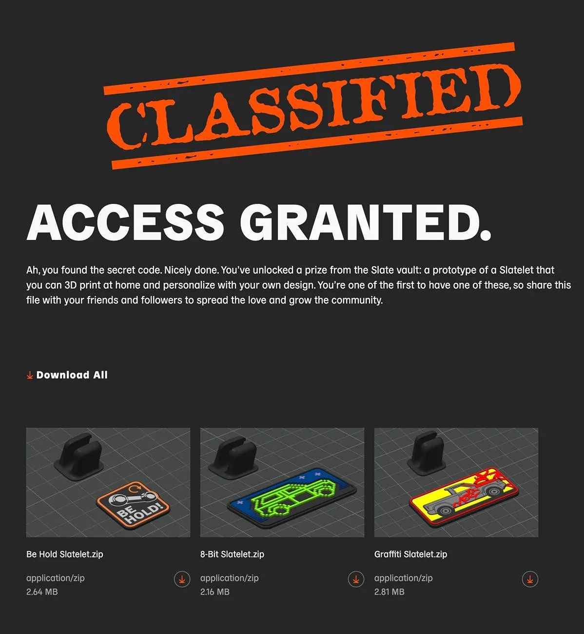Slate Auto Pickup Truck Secret Slatelet dash badge page - download 3D print Slatelet Screenshot 2025-04-24 at 11.49.16 PM