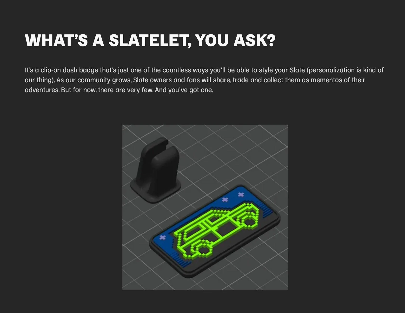 Slate Auto Pickup Truck Secret Slatelet dash badge page - download 3D print Slatelet Screenshot 2025-04-24 at 11.49.29 PM