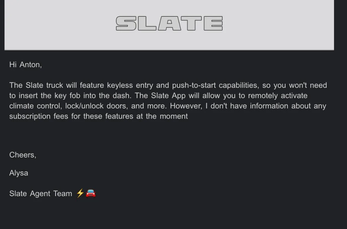 Slate Auto Pickup Truck Confirmed: keyless entry, push-to-start, remote climate control & lock/unlock via app IMG_9471