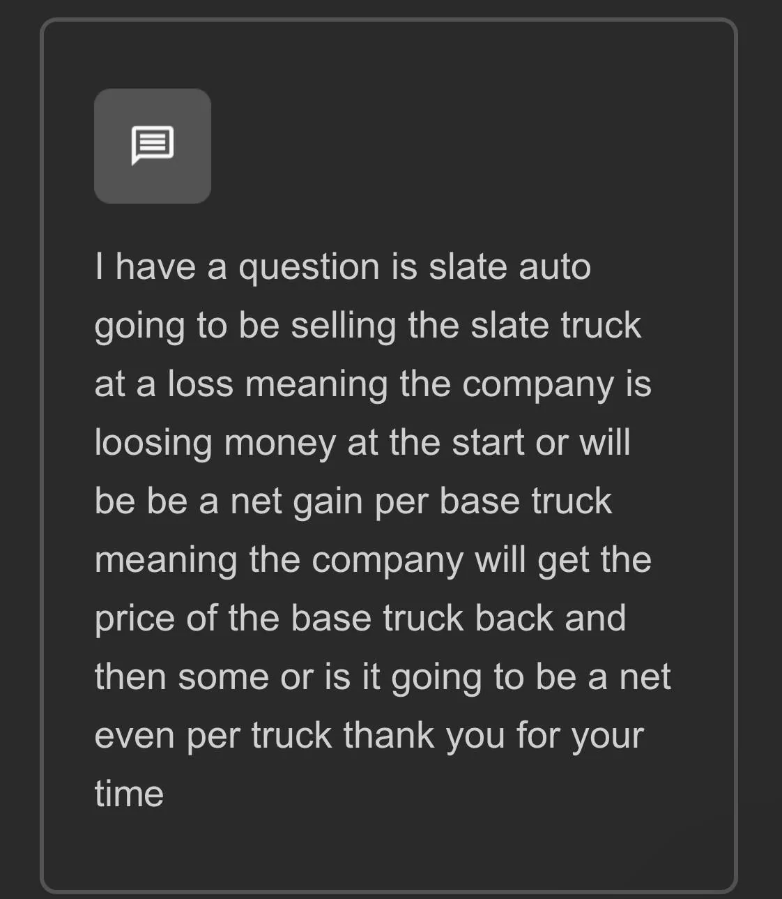 Slate Auto Pickup Truck Net gain (or loss) per truck produced - Slate's answer IMG_2064