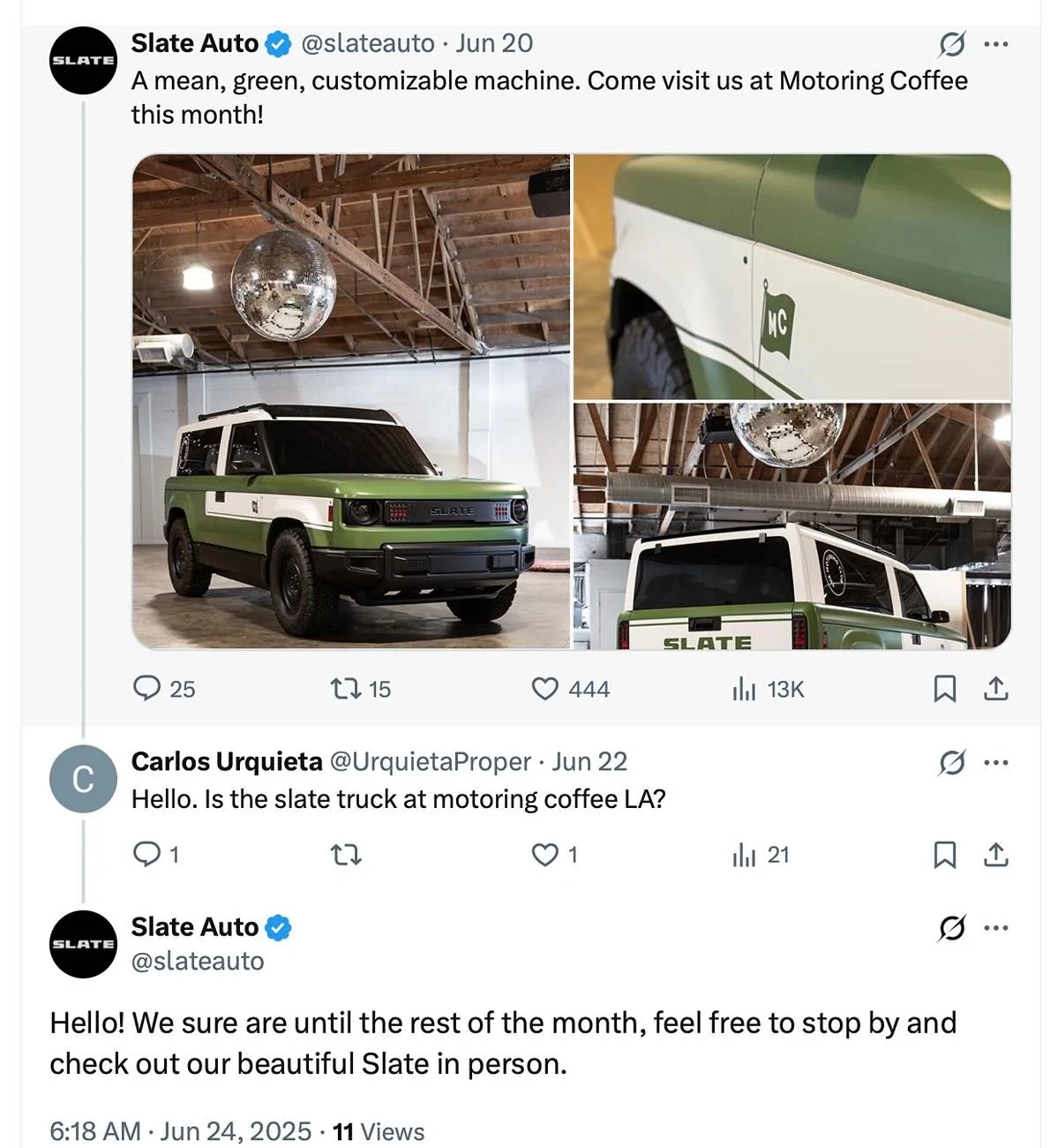 Slate Auto Pickup Truck Event Tour Locations & Dates are back up! Multiple dates for Detroit, 2 days for Warsaw and  4 dates for Cleveland, OH display
