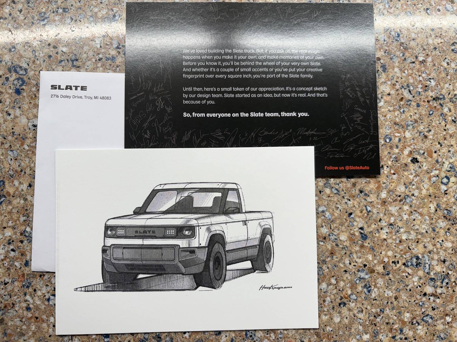 Slate Auto Pickup Truck Received my gift in mail from Slate Auto - concept sketch IMG_2635