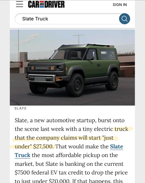 Slate Auto Pickup Truck Open Air Mode Slate Pickup w/ Blue Wrap (from Rhode Island event showing) Car_And_Driver_Just_under_27500