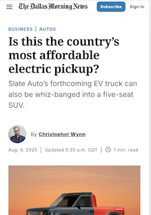 Slate Auto Pickup Truck Article: Is this the country’s most affordable electric pickup? Slate_Dallas_Articl