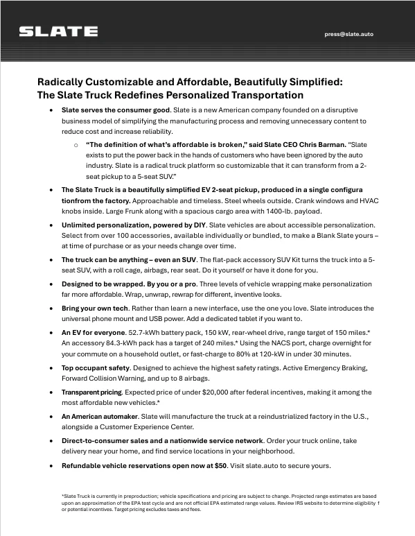 Slate Auto Pickup Truck Slate Truck Dimensions - Length, Width, Height, Wheelbase, Bed Size, Frunk Capacity 1764284639310-u