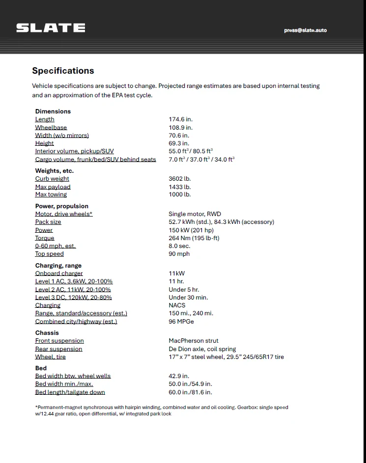 Slate Auto Pickup Truck Slate Truck Dimensions - Length, Width, Height, Wheelbase, Bed Size, Frunk Capacity 1764284778789-a7