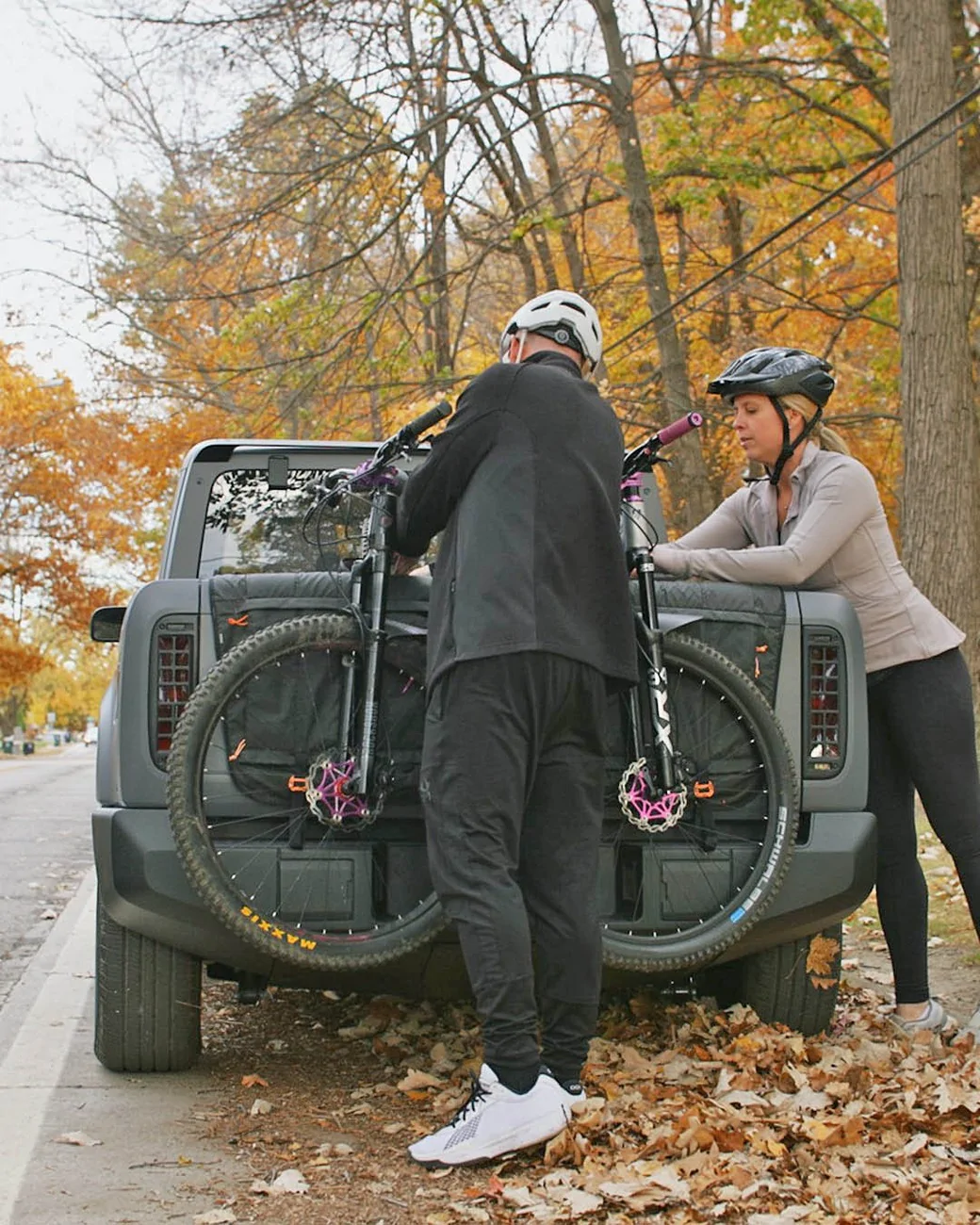 Slate Auto Pickup Truck Slate Tailgate Pad revealed -- with Mountain Bikes carried on pickup bed tailgate Tailgate Pad shown with Mountain Bikes mounted on Slate Pickup 3