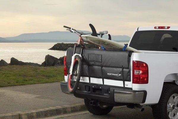 Slate Auto Pickup Truck Slate Tailgate Pad accessory revealed -- with Mountain Bikes carried on pickup bed tailgate truck-tailgate-surfboards