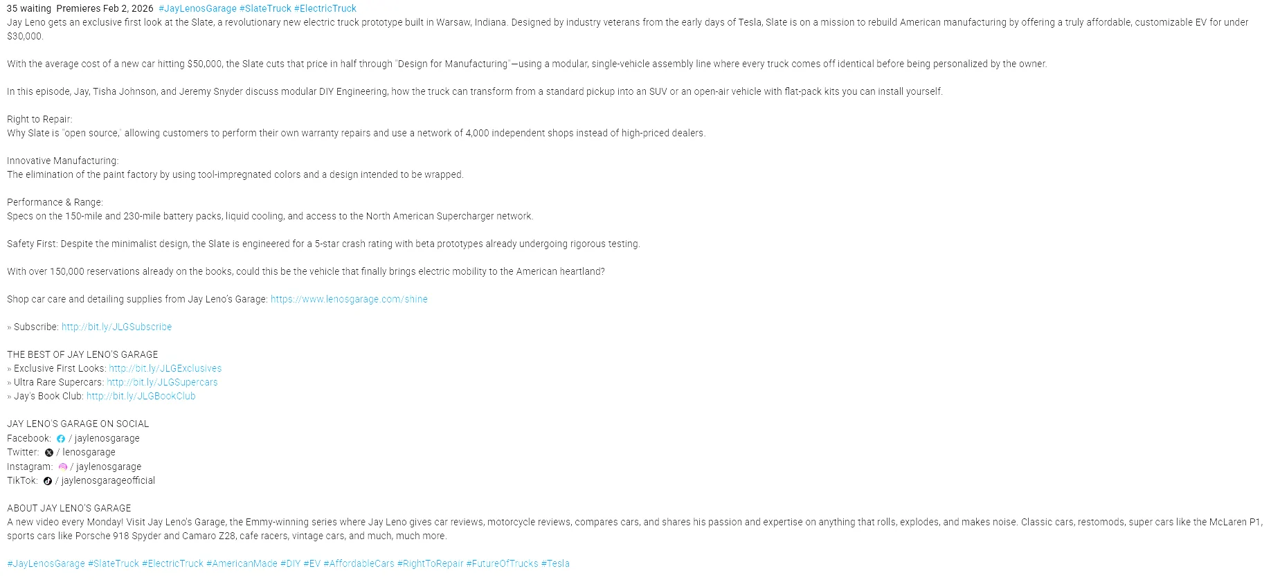 Slate Auto Pickup Truck Hands on Slate review - Jay Leno's Garage (air 9 am Pacific) Screenshot 2026-02-02 082030