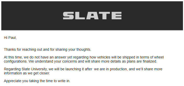 Slate Auto Pickup Truck Wheel/tire and Slate University response Screenshot 2026-04-16 112616