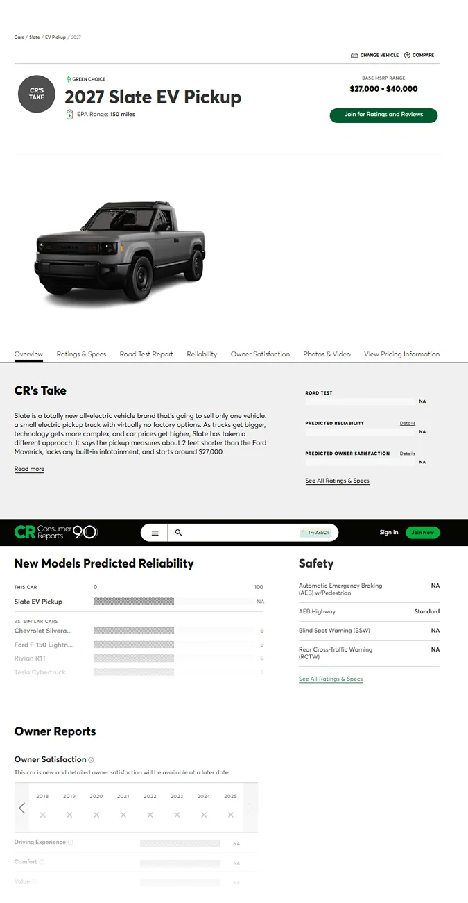 Slate Auto Pickup Truck Consumer Reports adds placeholder for the 2027 Slate EV Pickup! 1776868834403-wq