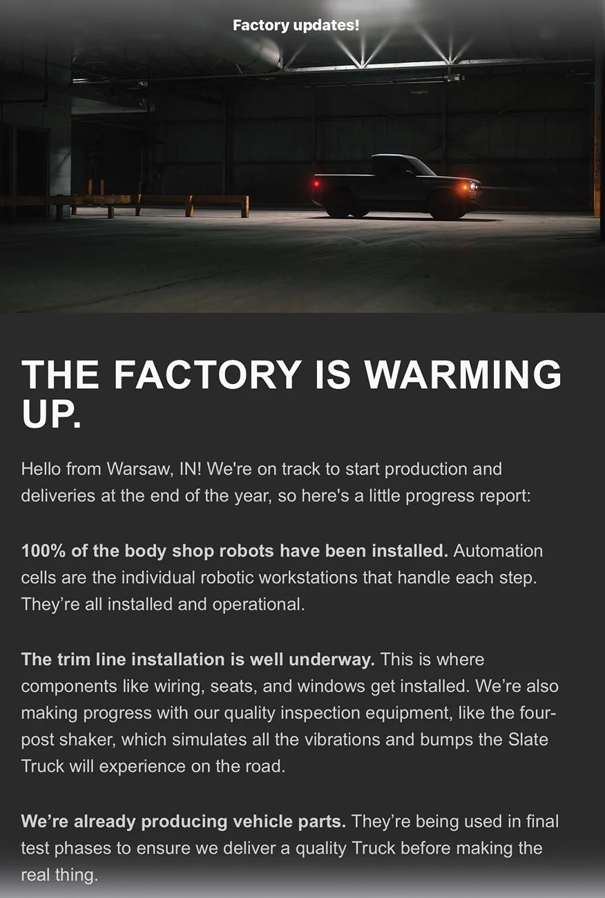 Slate Auto Pickup Truck Factory Update Email Received 5/7/26 IMG_2791