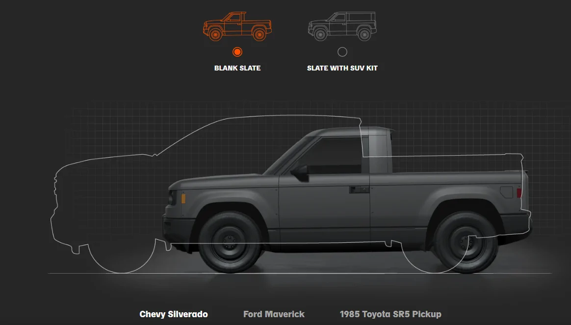 Slate Auto Pickup Truck Slate pickup size compared vs. Maverick & Silverado 1779455468963-y8