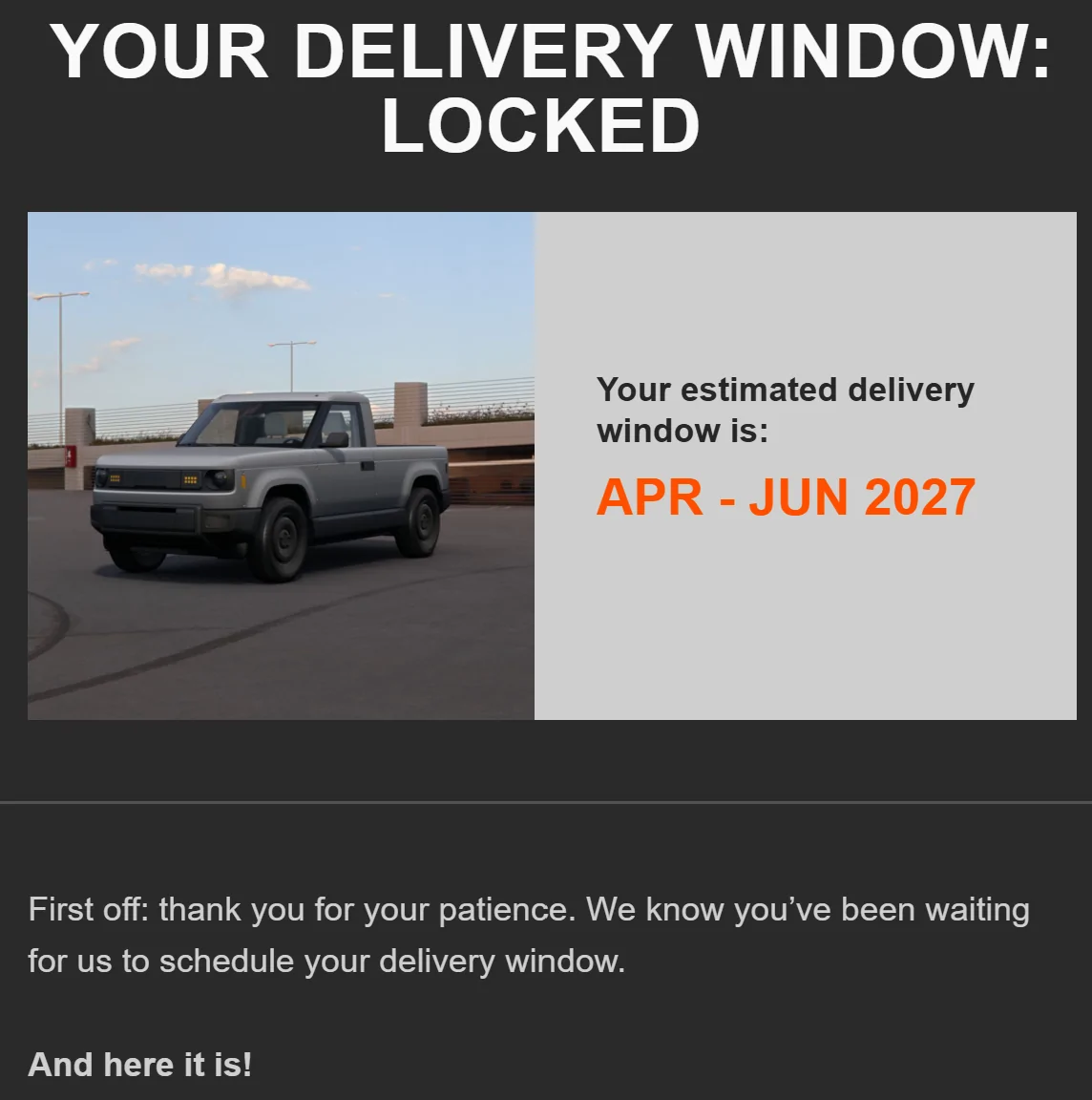Slate Auto Pickup Truck Q2 delivery estimate for last minute reservations & new orders. 1782925484016-ua