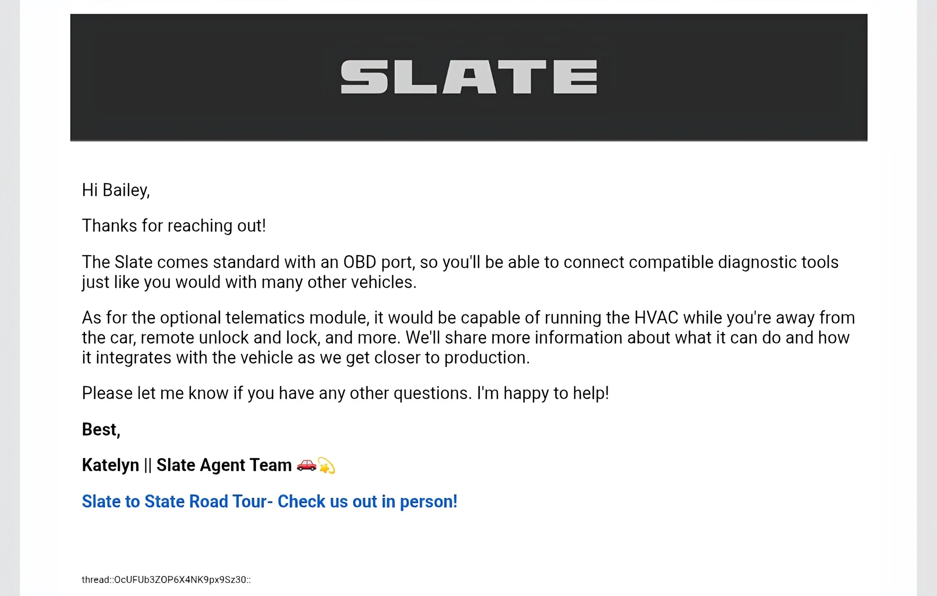 Slate Auto Pickup Truck Slate will have OBD II port (confirmed) 3003