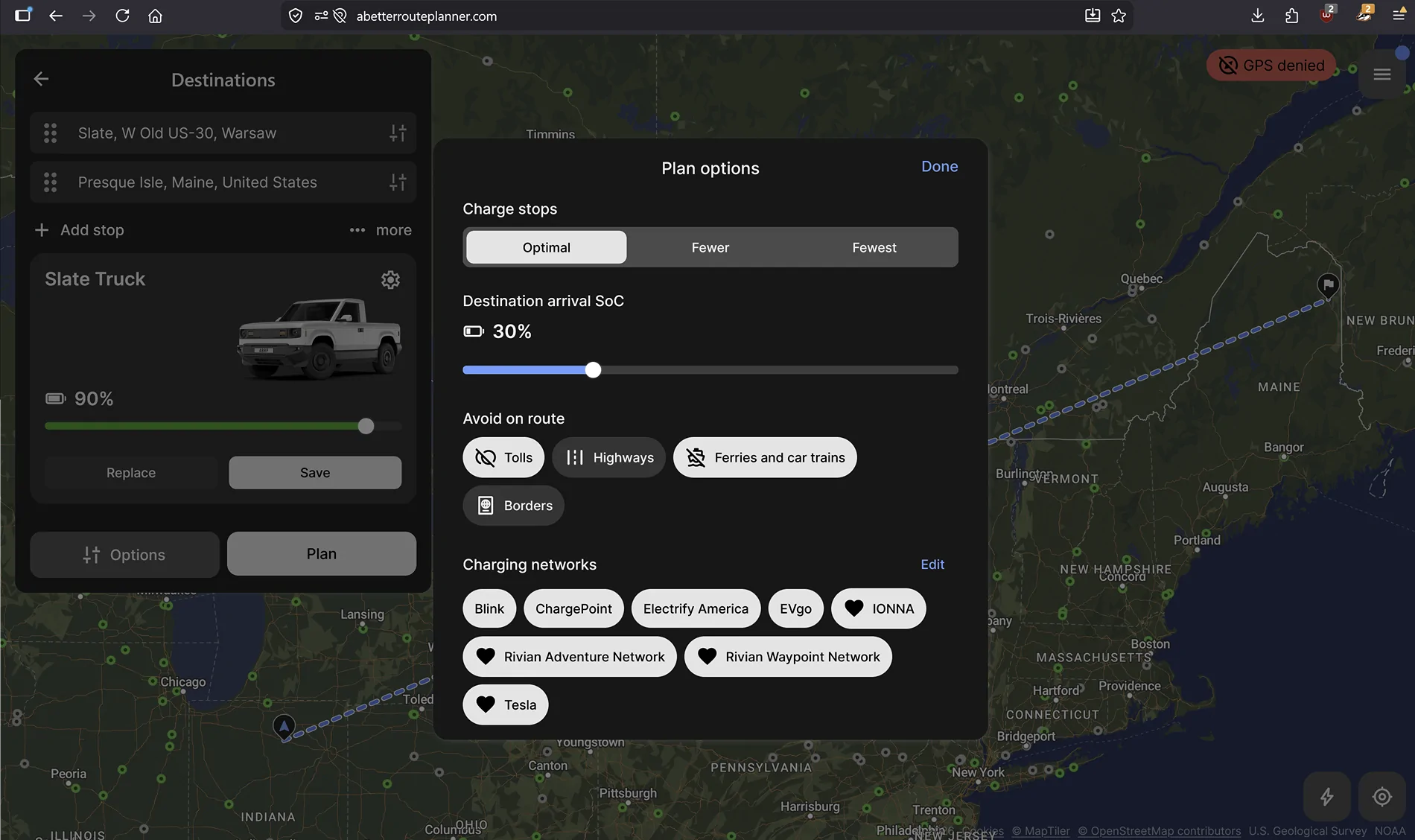 Slate Auto Pickup Truck Anyone else planning road trip in 150m hops, from factory delivery? 2026-07-14 11_20_27-ABRP - A Better Routeplanner — Mozilla Firefox