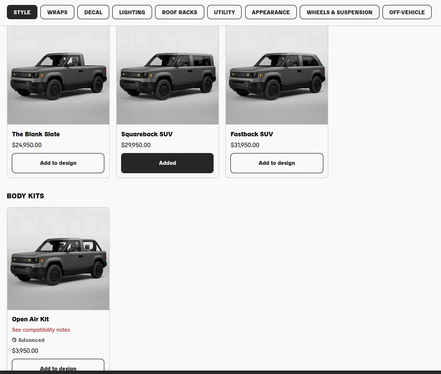 Slate Auto Pickup Truck Open Air Kit price: $3950 Screenshot from 2026-07-18 10-25-54