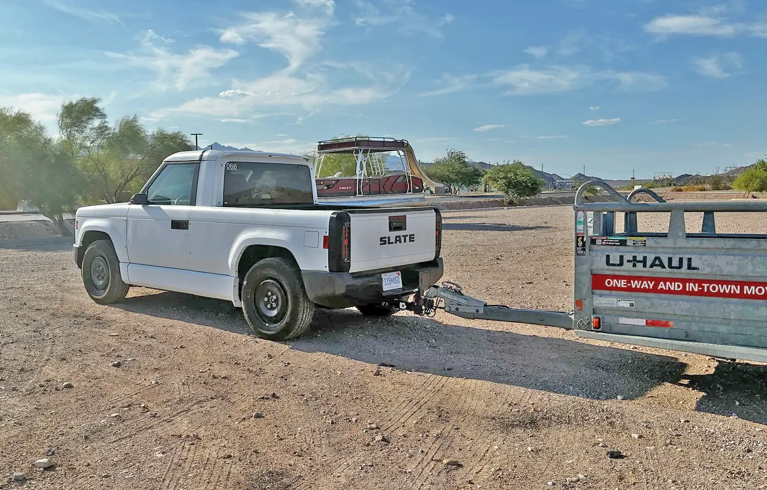 Slate Auto Pickup Truck White Slate towing U-Haul trailer (hot weather testing photos)! Mater's had a rough life . slate-truck-tow-uhaul-trailer-test-6