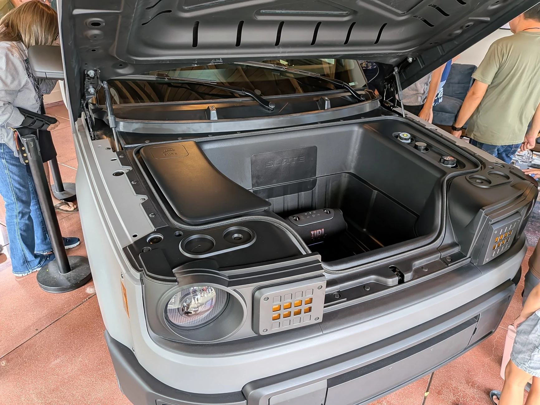 Slate Auto Pickup Truck Frunk Dimensions Measurements, Stereo & Speakers Quality (Sound Video), Impressions & Photos from Slate Huntington Beach Event on August 1 PXL_20260801_173636516