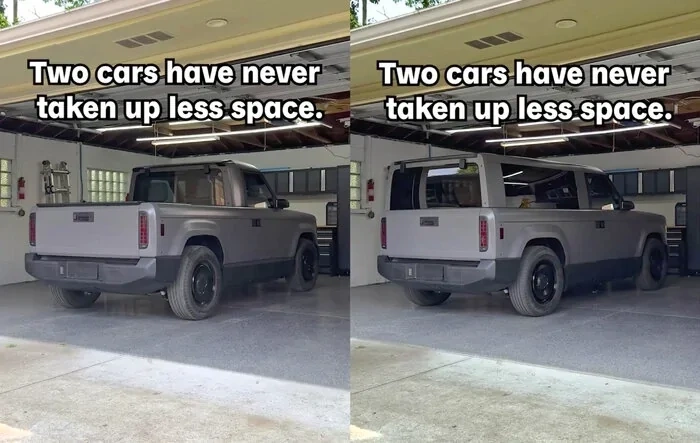 Slate truck size shown parked inside garage first look video (in pickup and SUV form)