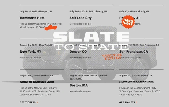 New Slate tour locations & dates! CA, CO, MA, NJ, NY, RI, UT (as of 7/21/25)