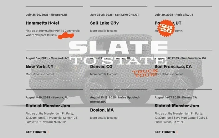 New Slate tour locations & dates! CA, CO, MA, NJ, NY, RI, UT (as of 7/21/25)