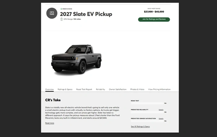 Consumer Reports adds placeholder for the 2027 Slate EV Pickup!